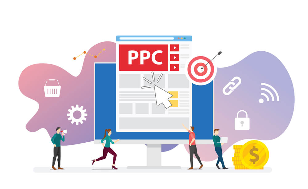 ppc pay per click technology advertising or advertisement concept with team people and clicks icon modern flat style – vector ppc pay per click technology advertising or advertisement concept with team people and clicks icon modern flat style - vector illustration